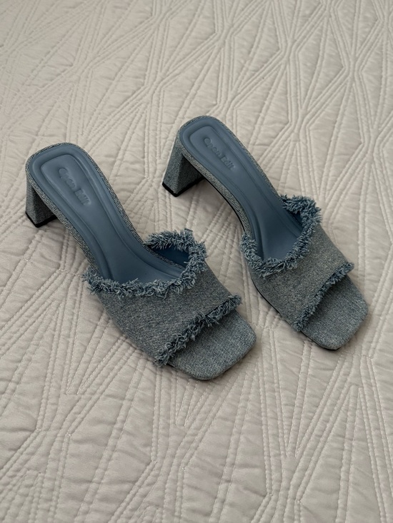 Open Edit Shoes - Open Edit Frayed Denim Block Heel Mules - Blue
